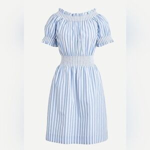 J. Crew Smocked Puff Sleeve Cotton Poplin Dress in Stripe Blue White Women's L‎